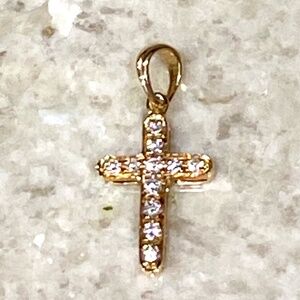 Vintage White Diamond Solid 14kt Yellow Gold Cross Pendant